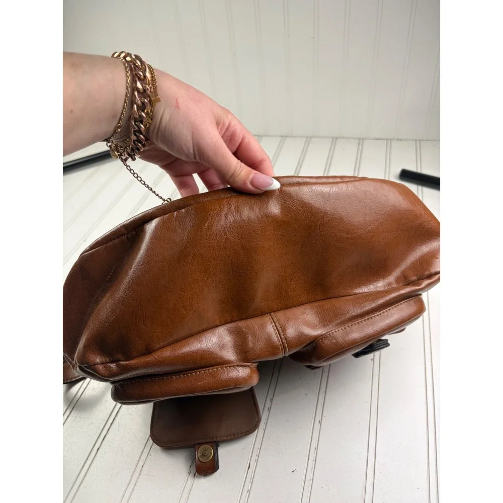 Vintage Y2K Brown Faux Leather Buckle Rustic Hobo Boho Shoulder Bag Purse